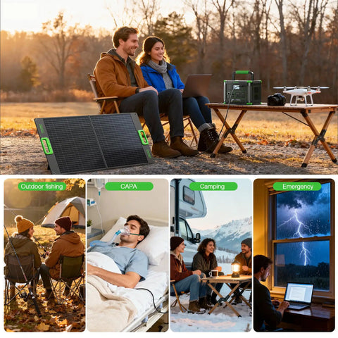 Outdoor scene with 500W Portable Power Station With 519.48Wh Solar Generator Battery For On The Go Power, ideal for camping.