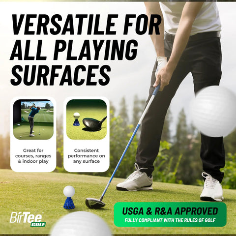 Golfer using Pro Speed Plus Flexible Plastic Golf Tees Eight Pack For Indoor Golf And Golf Simulators White Durable Tees