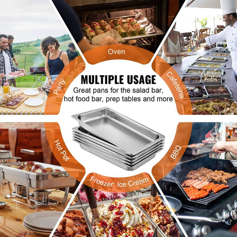 Image showing multiple uses of Six Pack Full Size Stainless Steel Steam Table Pans 2.5 Inch Deep Built For Big Batches Anti Jam Commercial Food Pans