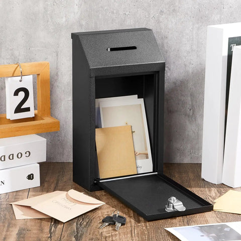 Locking Metal Donation Box With Wall Mounted Cash Box And Suggestion Slot for Home Office and Outdoor Use, open view showing slot.