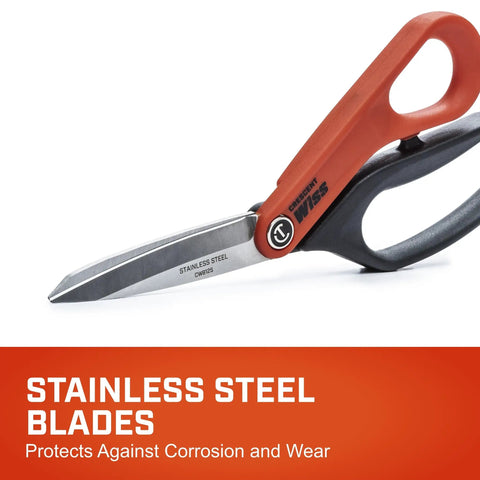 Close-up of All Purpose Heavy Duty Tradesman Shears Eight And A Half Inch Stainless Steel Utility Scissors displaying blades.