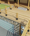 Deck with wooden rails secured by Beefy 6 Pack 4x4 Post Anchor Bases For Deck Railing And Pergola Heavy Duty Steel Post Sleeves.