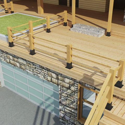 Wooden deck with railing supported by 10 Pack 4x4 Post Base Bracket Set Heavy Duty Powder Coated Steel Fence Post Anchors