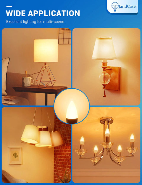 Color Changing E12 Candelabra LED Bulb 5W 40W Incandescent Equivalent RGB Warm Cool White Remote Control Dimmable 350 Lumens 2 Pack For Home Party Christmas Decor illuminating various lamps and chandeliers in a room setting.
