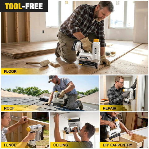 Pro Grade 20V Cordless 18Gauge Brad Nailer And Electric Staple Gun Kit used for flooring installation and DIY carpentry tasks.