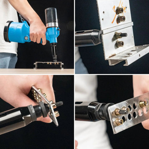 Hifeson Heavy Duty Air Hydraulic Rivet Nut Tool With Pneumatic Automatic Riveter Gun and 13 Piece Nose-Kit for Metric SAE Sizes in use.