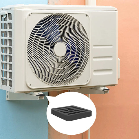 Outdoor A/C unit with inset of black rubber pad, Eight Pack Mini Split Anti Vibration Rubber Pads For Outdoor Condenser And Heat Pump Systems
