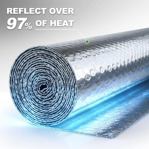 Bubble Reflective Window Insulation Roll For Winter Heat Retention With Double Sided Aluminum Foil And Bubble Layer 59 Inches By 99 Inches An Easy Cut Thermal Shield For RV Windows showing roll.