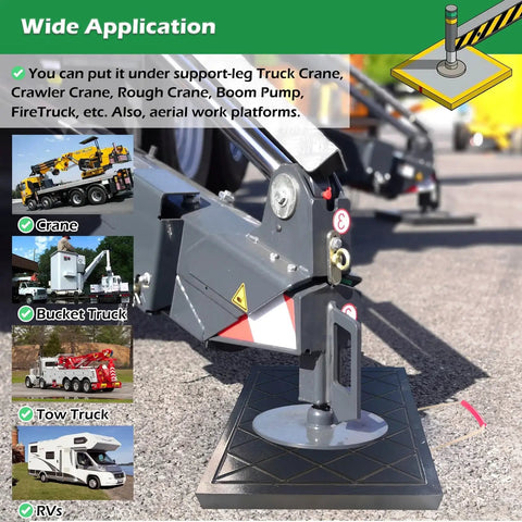 Badass Sturdy Travel Trailer Stand Pads Stackable Waterproof RV Support Blocks Halt Sinking On Soft Dirt Or Gravel Solid Rig Ready Ground Floor For Bucket Trucks And Arborist Crews Smooth Setup Guaranteed view of stabilizer pad under truck crane leg on gravel surface.