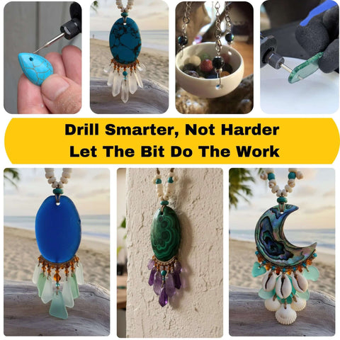 Diamond drill bits for stone and glass, 30-piece set (1–3 mm); shown drilling turquoise cabochon and crafting boho jewelry pendants