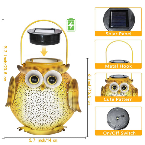 Two Pack Hanging Solar Lanterns With Owl Pattern Waterproof Metal Outdoor Garden Lights showing owl design and solar panel.