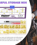 Top Shelf Pro Grade Gold Leather Rivets And Chicago Binding Screws Assortment Kit with smooth install tool in a storage box.