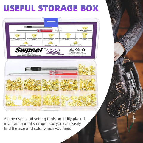 Top Shelf Pro Grade Gold Leather Rivets And Chicago Binding Screws Assortment Kit with smooth install tool in a storage box.