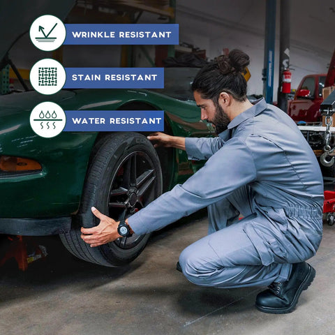 Men's Straight-Up Long Sleeve Twill Coverall Work Jumpsuit With Deep Cargo Pockets And Breathable Cotton Polyester Blend designed for mechanics adjusting a tire.