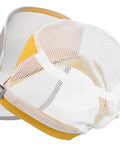 Boss Level Stainless Steel Mesh Face Shield And Rugged Welding Grinder Mask With No Sweat Ventilation For Tough Job Sites And Heavy Duty Workshop Grind, top view with white mesh and yellow accents.