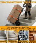 Heavy Duty Electric Stair Climbing Dolly With 1500W Motor navigating concrete stairs carrying boxes securely.