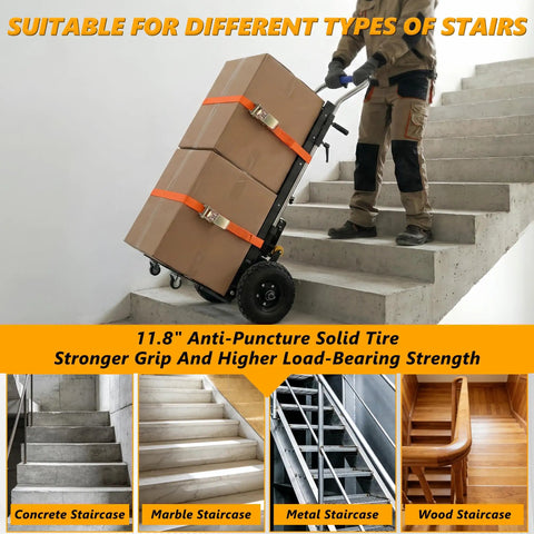 Heavy Duty Electric Stair Climbing Dolly With 1500W Motor navigating concrete stairs carrying boxes securely.