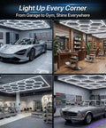Hexagon LED Garage Lights 210W 25200LM 35 Pack Ultra Bright Ceiling Panels illuminating car, gym, barber shop, auto shop