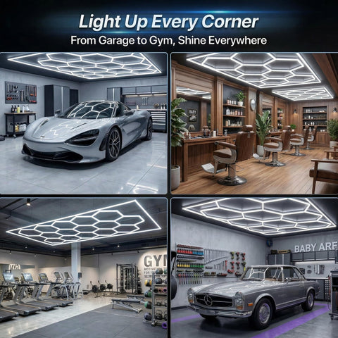 Hexagon LED Garage Lights 210W 25200LM 35 Pack Ultra Bright Ceiling Panels illuminating car, gym, barber shop, auto shop