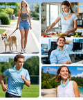 Collage of people wearing All Day Ice Neck Wrap For Summer Heat Relief during various activities like walking, cooking, and running