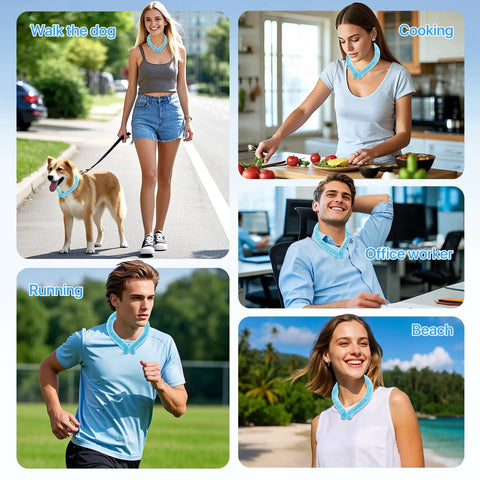 Collage of people wearing All Day Ice Neck Wrap For Summer Heat Relief during various activities like walking, cooking, and running