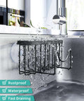 M Shaped Stainless Steel Kitchen Sink Caddy With Dual Mount Options And Rustproof Build shown with water drainage