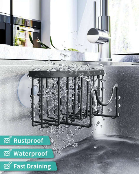 M Shaped Stainless Steel Kitchen Sink Caddy With Dual Mount Options And Rustproof Build shown with water drainage