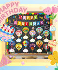 Hot Air Balloon Birthday Bulletin Board Decor Set Lets Celebrate Party Wall Signs And Calendar Cutouts in vibrant colors