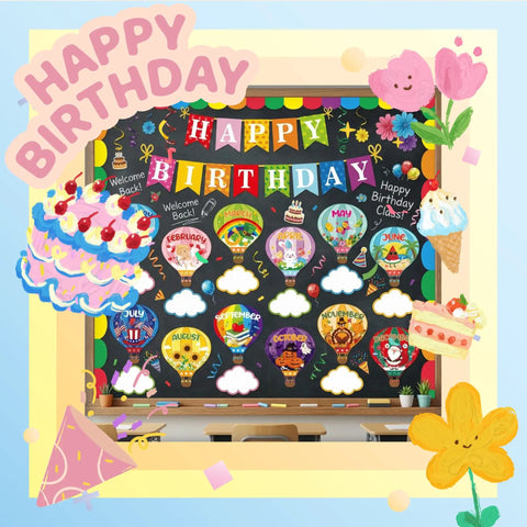Hot Air Balloon Birthday Bulletin Board Decor Set Lets Celebrate Party Wall Signs And Calendar Cutouts in vibrant colors