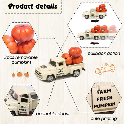 Fall Harvest Mini Metal Truck Decor With Three Pumpkins, Vintage Diecast Farm Truck showing removable pumpkins and details
