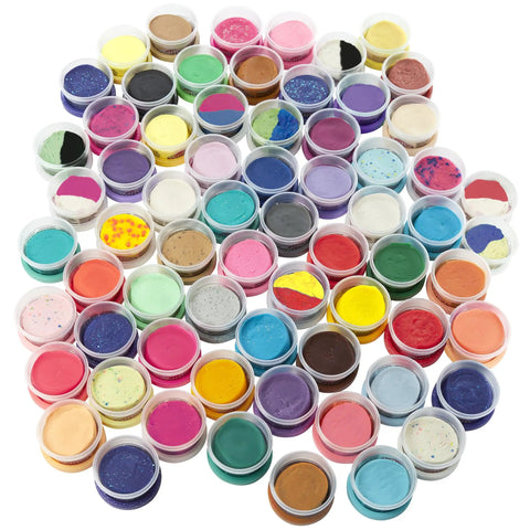 Game Changing Modeling Compound Haul With 65 Mini Cans Serving Up Sixty Varieties Including Rainbow Classics Plus Sparkle Confetti and Color Burst Vibes, assorted colors in resealable tins.