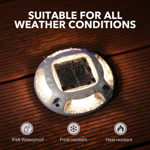 8 Pack Solar Driveway Lights Outdoor With Dual Color Modes Warm White And Cool White Waterproof LED Marker Lights on wood deck