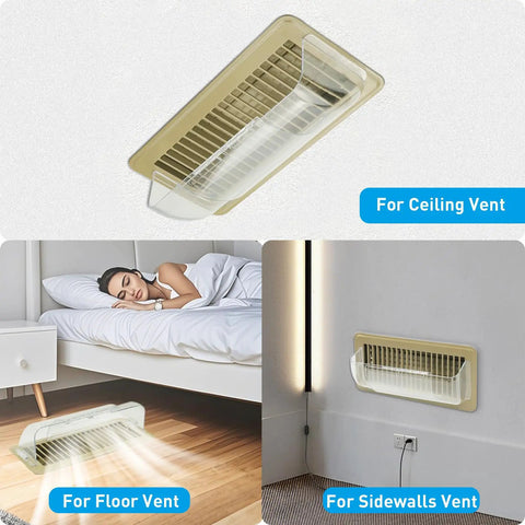 Magnetic Vent Deflector Shields For Floor, Wall, And Ceiling Registers 9 To 14 Inch Adjustable 2 Pack Clear Neodymium Magnets Airflow Direction Control showing different vent positions.