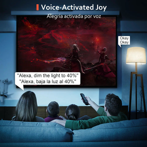 Family using Smart WiFi Color Changing LED Light Bulbs With Alexa Google Home Siri Control in a living room scene, dimming lights.