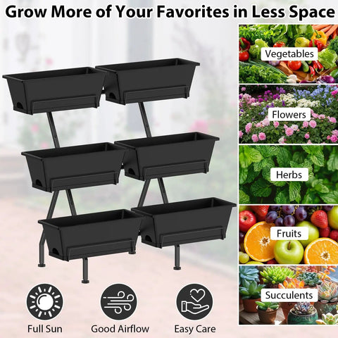 Three Tier Vertical Garden Planter With Six Boxes, 31 Inch Tall Raised Garden Bed For Herbs, Flowers, Veggies, Black Metal