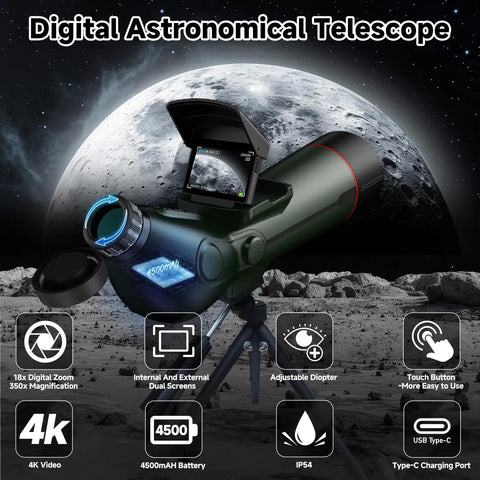 Portable Auto-Focus Refractor Telescope With 80mm Aperture And 300mm Focal Length shown with moon backdrop and features