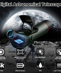 All In One 80mm Portable Refractor Telescope With Auto Focus And 4K Astrophotography Camera For Adults And Beginners Dual Screen Spotter Internal External Viewfinder Beginner Friendly To Pro High Clarity Optics Long Range 350X Magnification on tripod