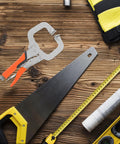 Heavy Duty High Carbon Steel C Clamp Locking Pliers on wooden surface with saw and measuring tape for woodworking projects.
