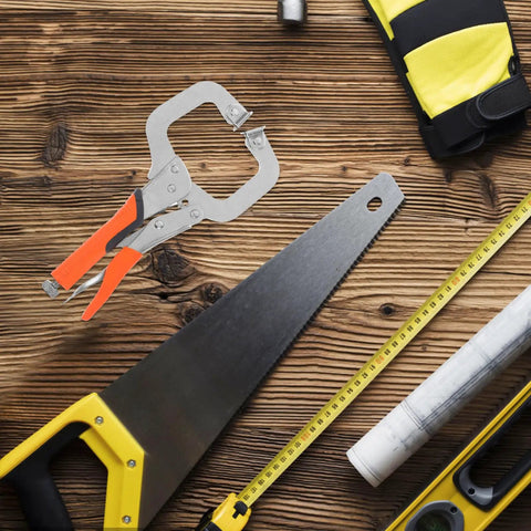 Heavy Duty High Carbon Steel C Clamp Locking Pliers on wooden surface with saw and measuring tape for woodworking projects.