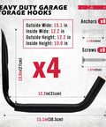 Diagram showing Heavy Duty 4 Piece 15 Inch Garage Storage Hooks Wall Mount Set with measurements and included screws and anchors.