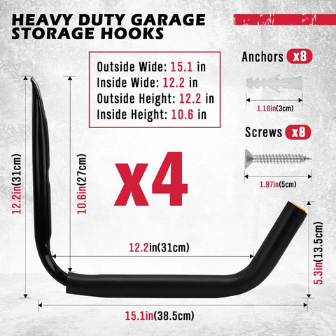 Diagram showing Heavy Duty 4 Piece 15 Inch Garage Storage Hooks Wall Mount Set with measurements and included screws and anchors.