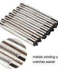 Close-up of 7 Piece Watch Crown Winder Tool Set 3.0 To 7.0mm, textured metal shafts for mechanical watches