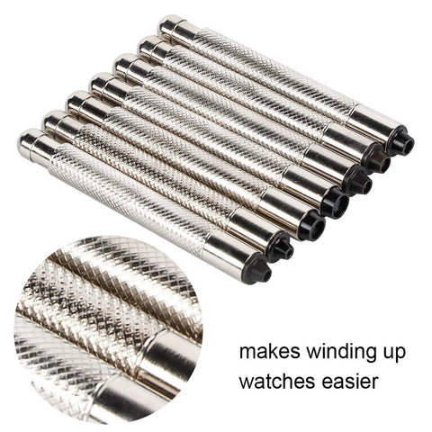 Close-up of 7 Piece Watch Crown Winder Tool Set 3.0 To 7.0mm, textured metal shafts for mechanical watches