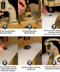 Step-by-step guide on using the Upgraded Heavy Duty Hand Press Grommet Kit with eyelet punch tool, showing installation on fabric.