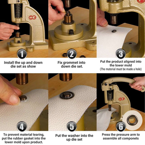 Step-by-step guide on using the Upgraded Heavy Duty Hand Press Grommet Kit with eyelet punch tool, showing installation on fabric.