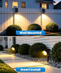 All In One Low Voltage Landscape Lighting Kit With Six 6W LED Spot Lights 100W Transformer 50 Feet Cable 12 Connectors Waterproof Outdoor Lights For Garden Pathways And Trees 2700K 12 To 24V 6 Pack showing wall mounted and ground installation in garden.