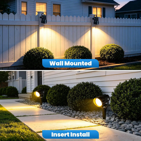 All In One Low Voltage Landscape Lighting Kit With Six 6W LED Spot Lights 100W Transformer 50 Feet Cable 12 Connectors Waterproof Outdoor Lights For Garden Pathways And Trees 2700K 12 To 24V 6 Pack showing wall mounted and ground installation in garden.