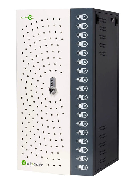 Straight Up Slim Charging Dock For 18 Devices, solid storage rack with lock for laptops and tablets, compact vertical design.