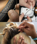 Hands using Waxed Leather Sewing Thread Kit With 55 Yard Spools And Pro Grade Needles, DIY Weave Repair For Upholstery, Bags.