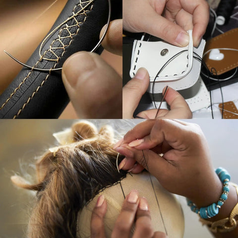Hands using Waxed Leather Sewing Thread Kit With 55 Yard Spools And Pro Grade Needles, DIY Weave Repair For Upholstery, Bags.